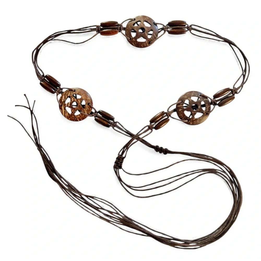 Bohemian Hippie 70’s Macrame Belt Brown Coconut Shell Wooden Beads - Picture 2 of 5